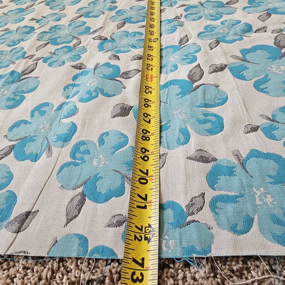 1950s 1960s Jacquard Fabric Double Sided Blue Hybiscus Floral 2 Yards x 57 Inch - Picture 7 of 9